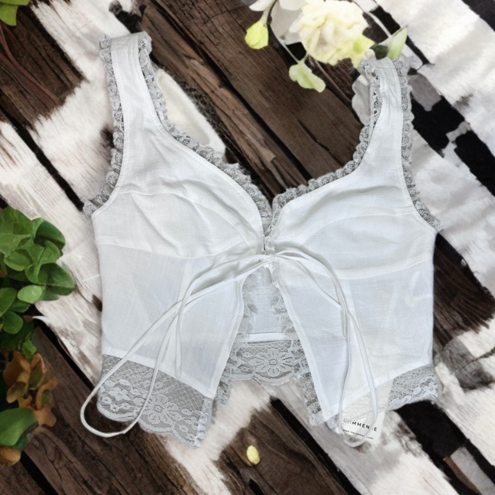 Commense White Lace Tie-Front Crop Camisole